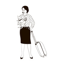  traveling women with small dog and suitcase on wheels