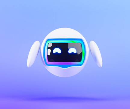 Cute 3d robot isolated on purple background. Friendly cute cartoon robot - 3d render. Customer support chatbot, online consultant, assistant. Technology concept. Robotic toy. Realistic 3d robot.