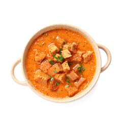 Pot of tasty cream soup with croutons on white background