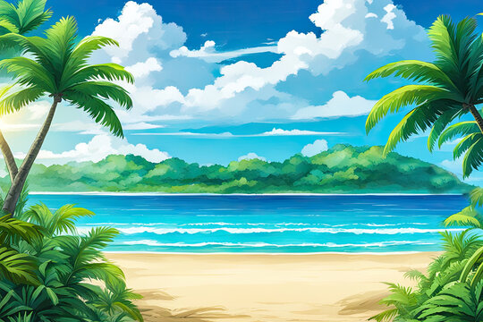 beach paradise tropical sands and sea background banner anime cartoon style, generated ai