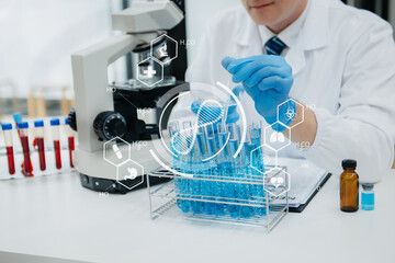 Mature scientists conducting research investigations in a medical laboratory, a researcher in the...