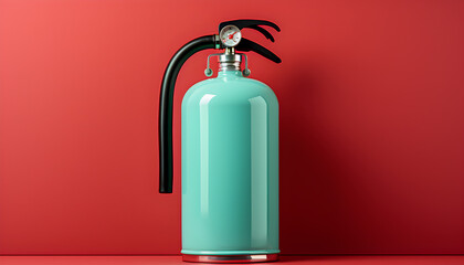 Obraz premium Creative photo of fire extinguisher painted pastel green in front of red wall.