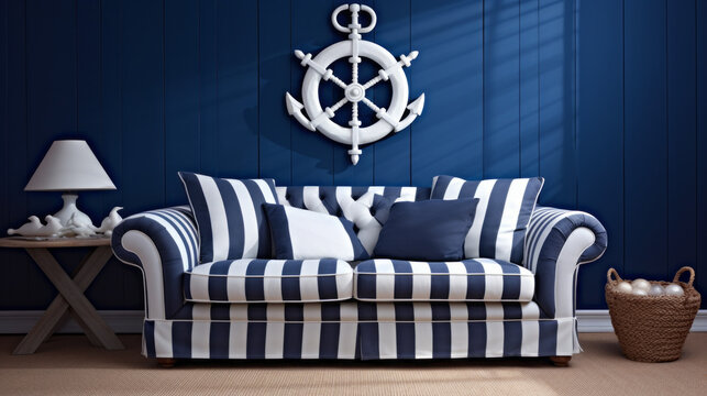 Nautical Charm: A navy blue and white striped sofa and a driftwood coffee table create a coastal vibe in this room Seashell decorations and a ship wheel on the wall complete the nautical theme
