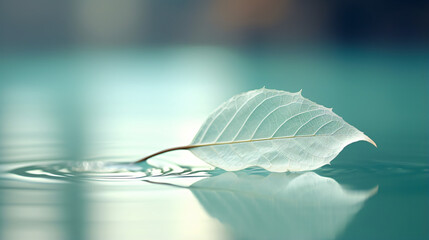 White transparent leaf on mirror surface with reflection