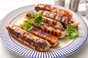 Plate of tasty grilled sausages on table