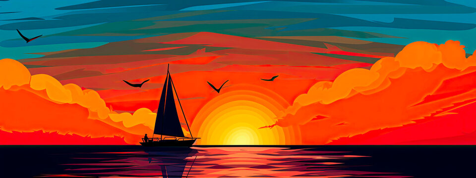 Boat sailing on the ocean or a lake at sunset. Colorful art design with thick black outlining and strong colors. Logo or banner use.