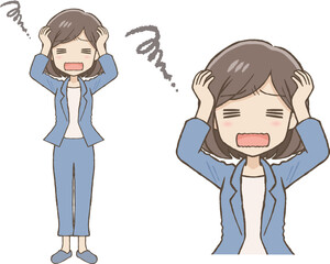 頭を抱えて悩むパンツスーツ姿の女性