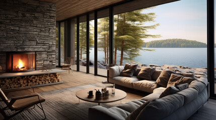 Fototapeta premium Nordic Lakeside Cottage Lounge Inspired by lakeside cottages, with wooden paneling, a stone fireplace, and comfortable seating offering tranquil lake views
