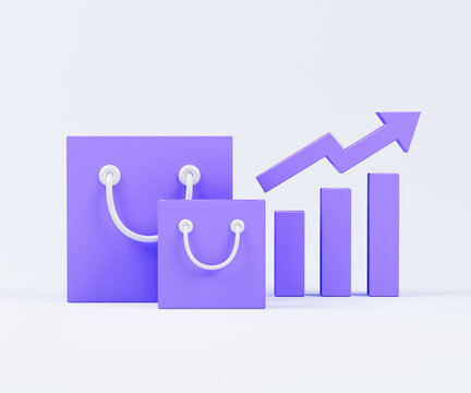 3D Purple shopping bag and graph bar with arrow ecommerce concept 3d illustration. Shopping bag increasing chart. Sales growth chart. 3D render illustration isolated on solid background.