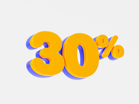 Orange and purple 30% 3D number 30 percent symbol Great discount sale banner design in 3d illustration background. Scene 3d big offer special label, tag. 3D render. Shopping offer 30 percent cash back