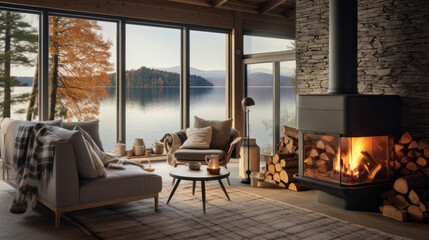 Nordic Lakeside Cottage Lounge Inspired by lakeside cottages, it features wooden paneling, a stone fireplace, and plush seating with serene views of the lake