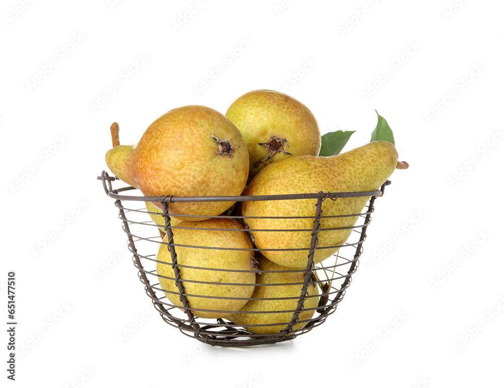 Wall mural basket with ripe pears on white background