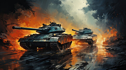 painted concept of tank in a modern war scene created with Generative AI technology - obrazy, fototapety, plakaty