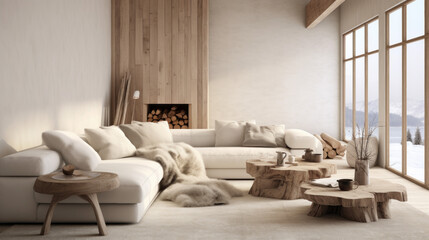 Nordic Retreat Embracing Nordic simplicity, this room features a neutral color palette, a linen sofa, and a driftwood coffee table A sheepskin throw adds warmth