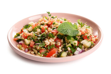 Plate with delicious tabbouleh salad on white background