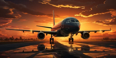Foto op Canvas A large jetliner taking off from an airport runway at sunset or dawn with the landing gear down and the landing gear down © Svitlana