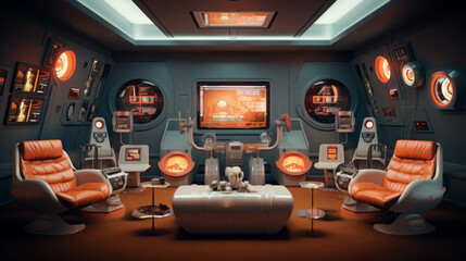 Retro Sci-Fi Media Room A nostalgic space inspired by retro science fiction, featuring vintage sci-fi movie posters, futuristic decor, and retro technology