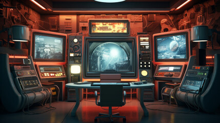 Retro Sci-Fi Media Room A nostalgic space inspired by retro science fiction, featuring vintage sci-fi movie posters, futuristic decor, and retro technology - obrazy, fototapety, plakaty