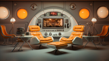 Retro Sci-Fi Media Room A nostalgic space inspired by retro science fiction, featuring vintage sci-fi movie posters, futuristic decor, and retro technology - obrazy, fototapety, plakaty