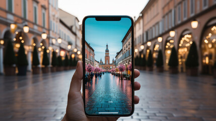 person taken picture of holiday scene at italy created with Generative AI technology