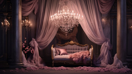 Romantic Boudoir An intimate and romantic space with velvet drapes, a canopy bed, and plush seating for two Crystal chandeliers provide soft lighting - obrazy, fototapety, plakaty