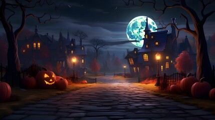 Halloween background with castle, pumpkins and moon - 3d render - obrazy, fototapety, plakaty