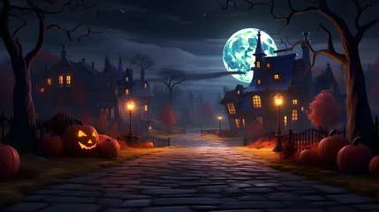 Poster Halloween background with castle, pumpkins and moon - 3d render © mandu77