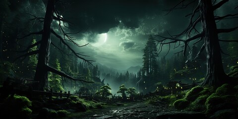 Obraz premium Green ferns in the middle of the forest midsummer night