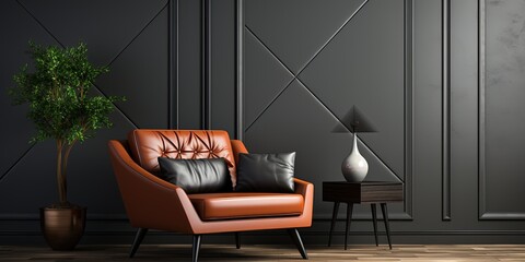 Grey wall panels and a black side table in minimalistic interior design composition