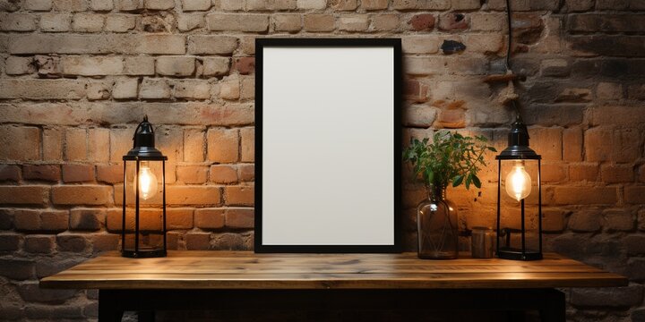Front view blank black menu frame on brick wall with lamp in loft cafe interior, mockup