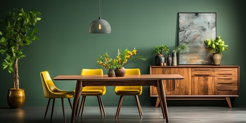Interior design of modern dining room, wooden table and yellow chairs against green wall with sideboard