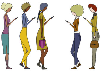 Walking women using their mobile phones. Online generation. Digital illustration. 