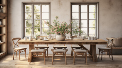 Fototapeta na wymiar Rustic Farmhouse Dining Room A farmhouse-style dining room with a long wooden table, ladder-back chairs, and fresh flowers