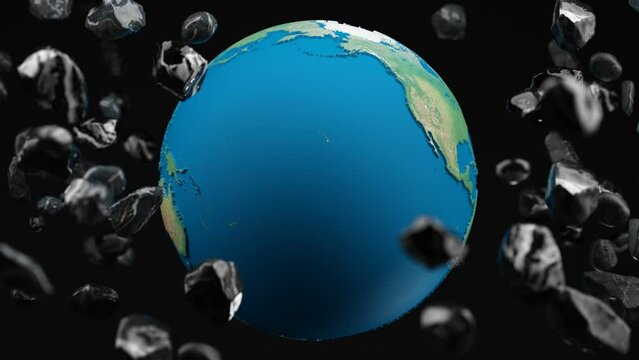 A spinning world in space, surrounded by floating and rotating black rocks. 3d rendering animation loop