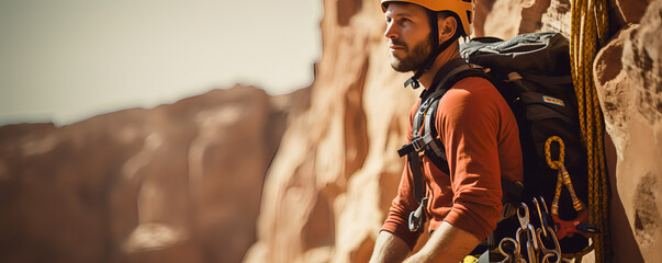 Climber near the mountain top, beautiful landscape in the sun - The Climbing Sports Series