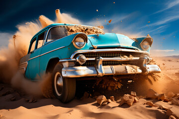 Retro blue car in a desert, freeze motion of exploding debris and sand into the air. AI generated