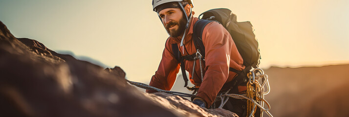 Climber near the mountain top, beautiful landscape in the sun - The Climbing Sports Series