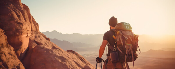 Fototapeta na wymiar Climber near the mountain top, beautiful landscape in the sun - The Climbing Sports Series