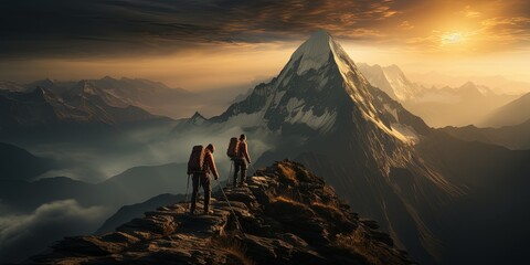 Teamwork concept with man helping friend reach the mountain top - obrazy, fototapety, plakaty