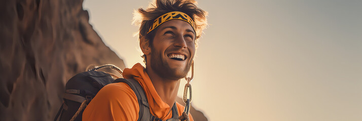 Climber near the mountain top, beautiful landscape in the sun - The Climbing Sports Series