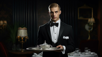 Portrait of professional butler working. Generative AI. - obrazy, fototapety, plakaty