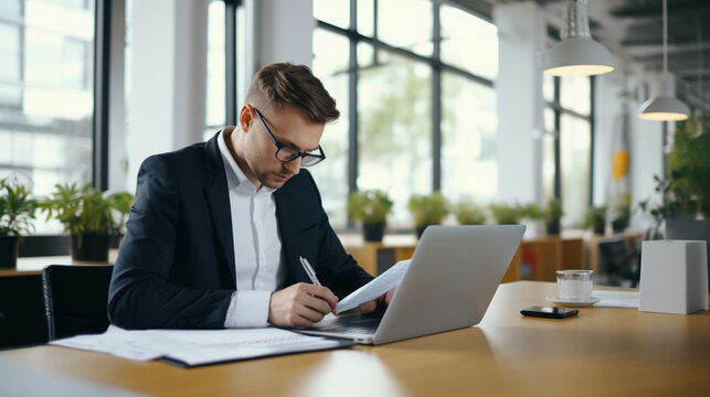 Accounting specialist working at the desk. Generative AI.
