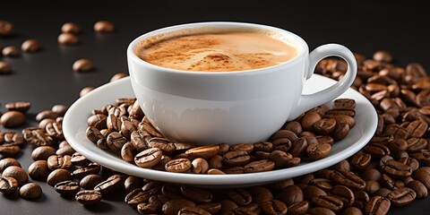 White cup of coffee with coffee beans on white background
