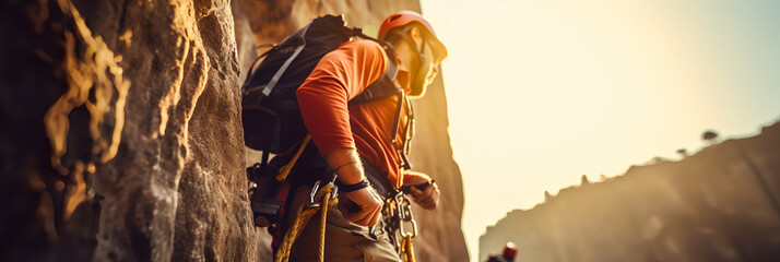 Climber near the mountain top, beautiful landscape in the sun - The Climbing Sports Series