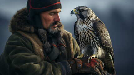 Closeup portrait of a falconer with an eagle. Generative AI.