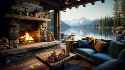 Rustic Lakeside Cabin Lounge Inspired by rustic lakeside cabins, featuring wooden beams, a stone fireplace, and cozy seating with lake views 