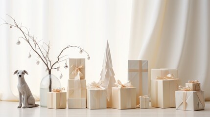 A close-up of minimalist decor in Scandinavian style. sleek figurines and stylish presents artfully arranged against a pristine white backdrop