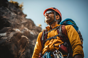Climber near the mountain top, beautiful landscape in the sun - The Climbing Sports Series