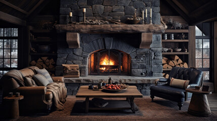 Rustic Mountain Cabin Reminiscent of a mountain cabin with log furniture, plaid upholstery, and a stone fireplace Antler decor adds to the rustic charm - obrazy, fototapety, plakaty
