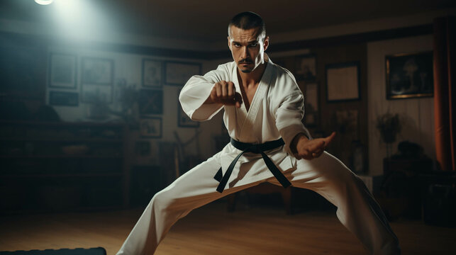 A karate teacher ith a black belt looking at the camera and working. Generative AI.
